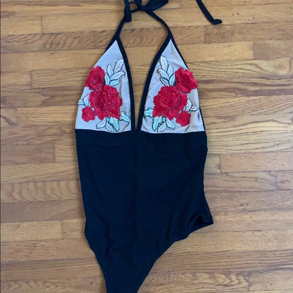 rose embroidered onesie